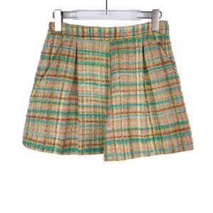 Miu Miu Colorful Plaid Tweed Wool-Blend Pleated Shorts Made In Italy Size 38